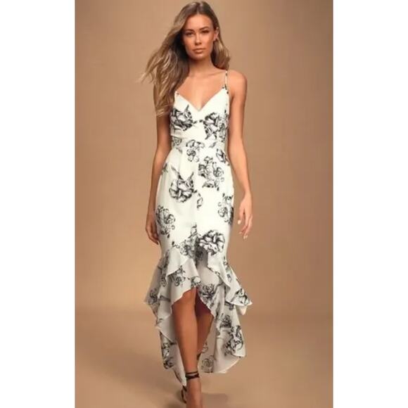 NWT Lulus Cupshe Darling Daylily Black White Floral Print High-Low Maxi Dress S - Picture 7 of 8
